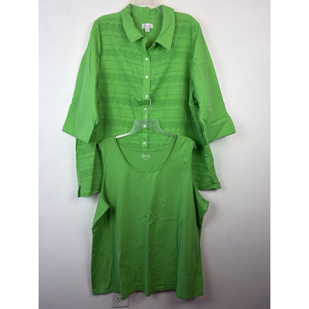 D&Co Denim & Co Top 3X Shirt Button Front Plus Tunic Tank Green Career Casual